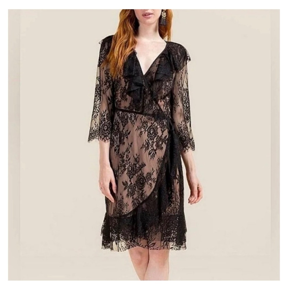 Francesca's Black Tan Ruffle Lace Wrap Tie Dress Going Out Party Cocktails S